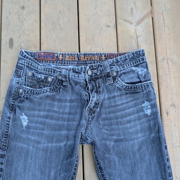 Rock Revival Jeans Men's 36 Blue Denim Dark Wash Faded Distressed Straight Leg - Picture 5 of 14